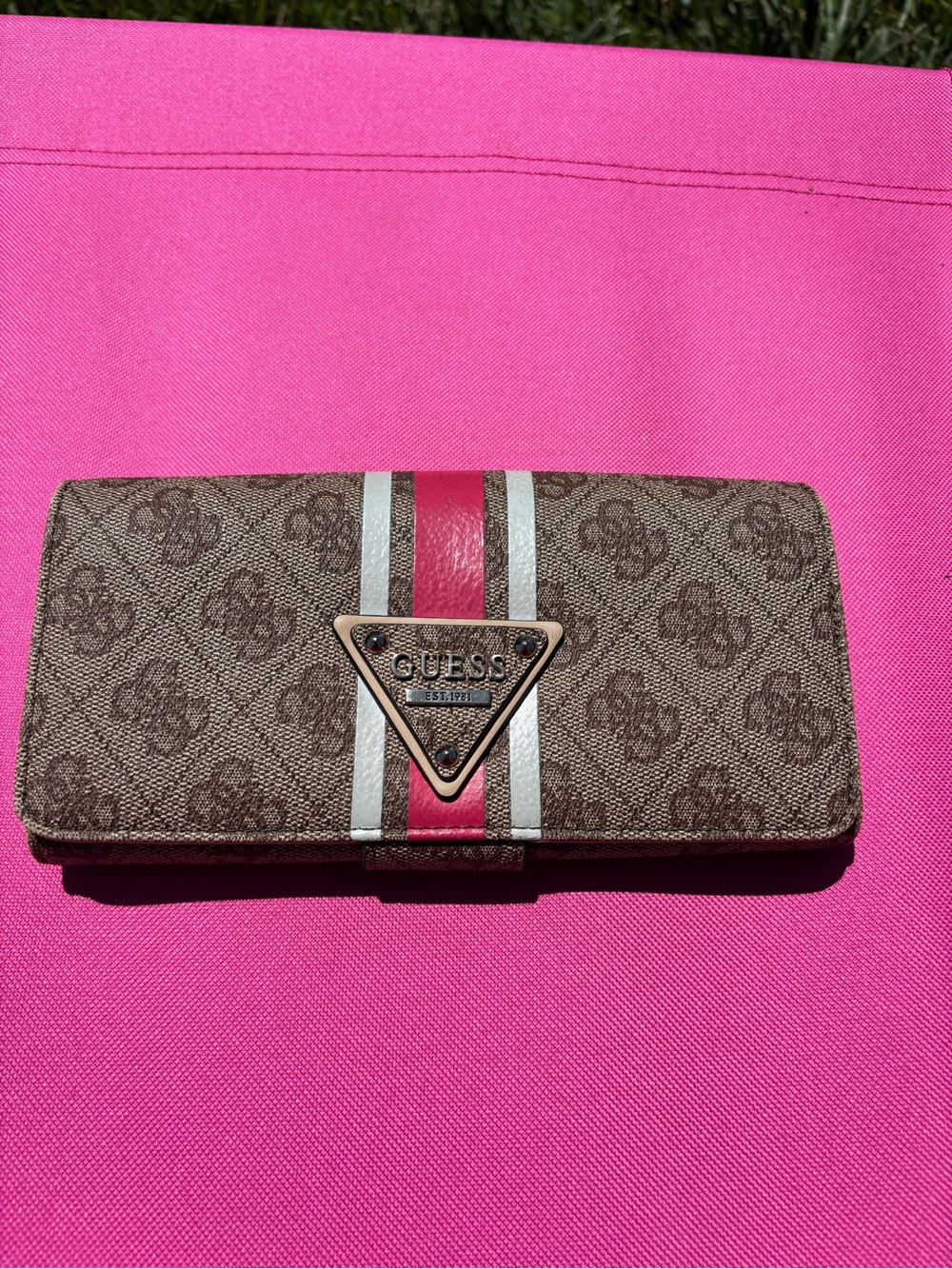GUESS Brown Logo Wallet with Pink & White Stripes